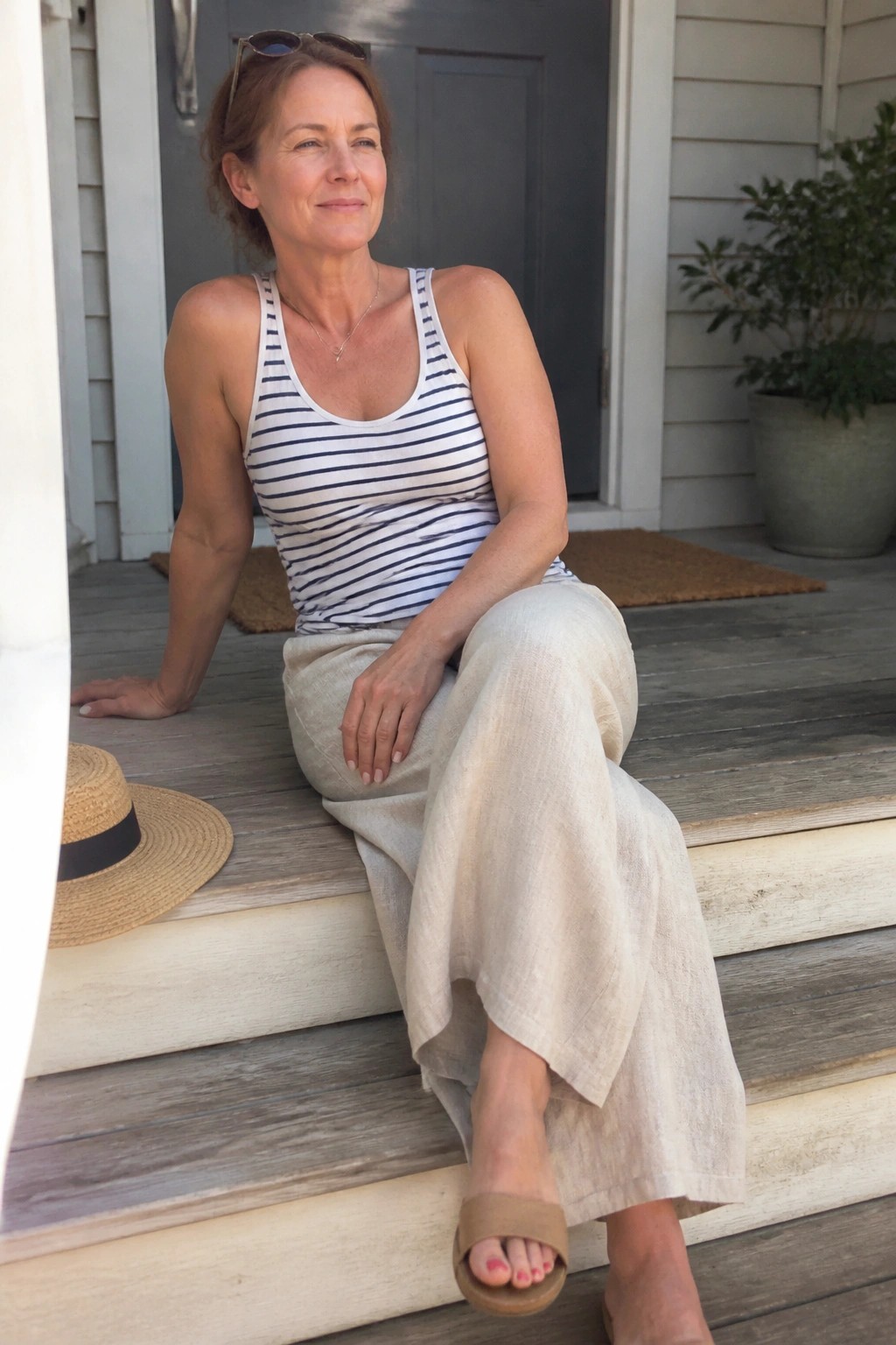 Woman in striped tank top and beige pants on porch steps with straw hat nearby