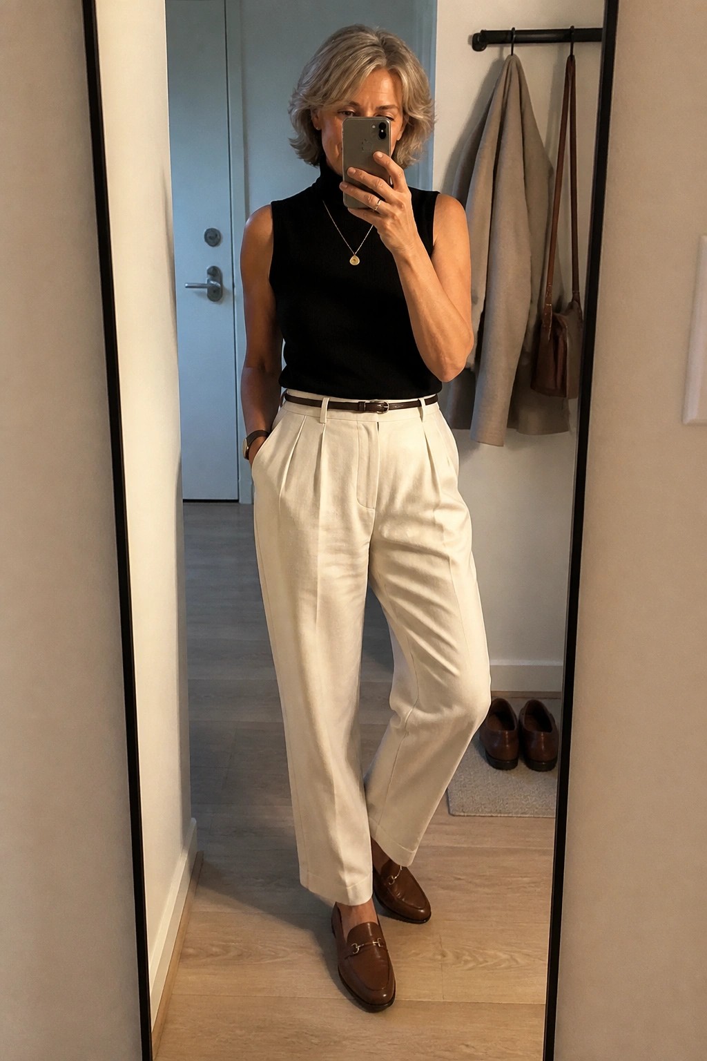 Woman over 50 wearing white pleated linen pants with a black sleeveless turtleneck top, brown leather belt, brown loafers, and layered gold necklaces while taking a mirror selfie.