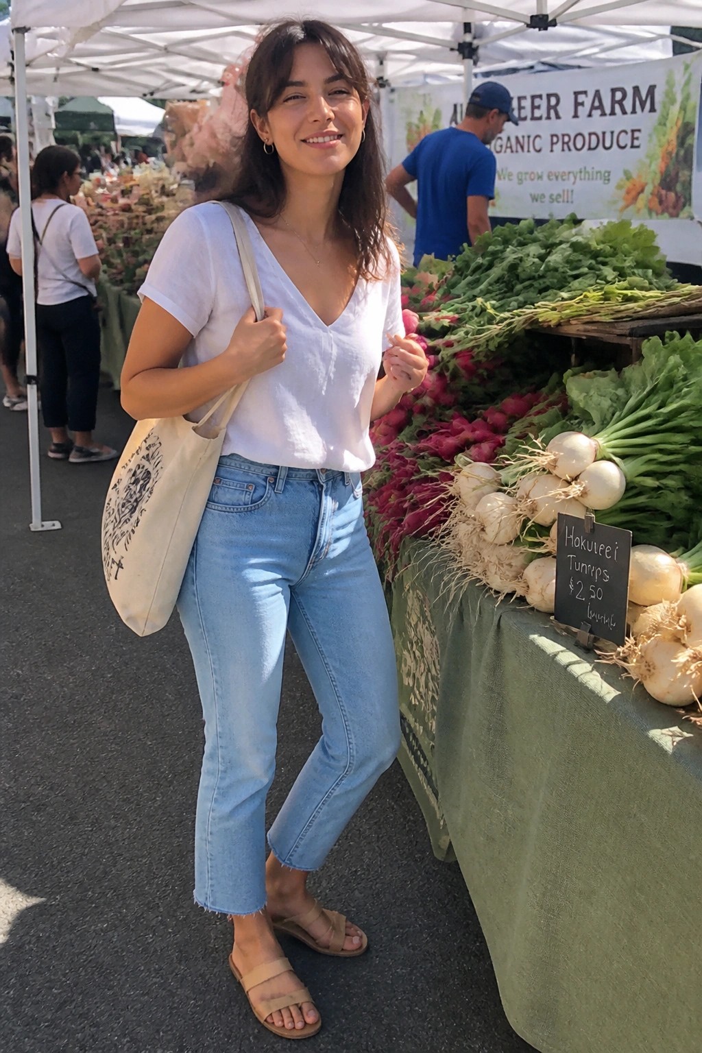 Woman in white V-neck shirt and jeans at farmers market turnip stand