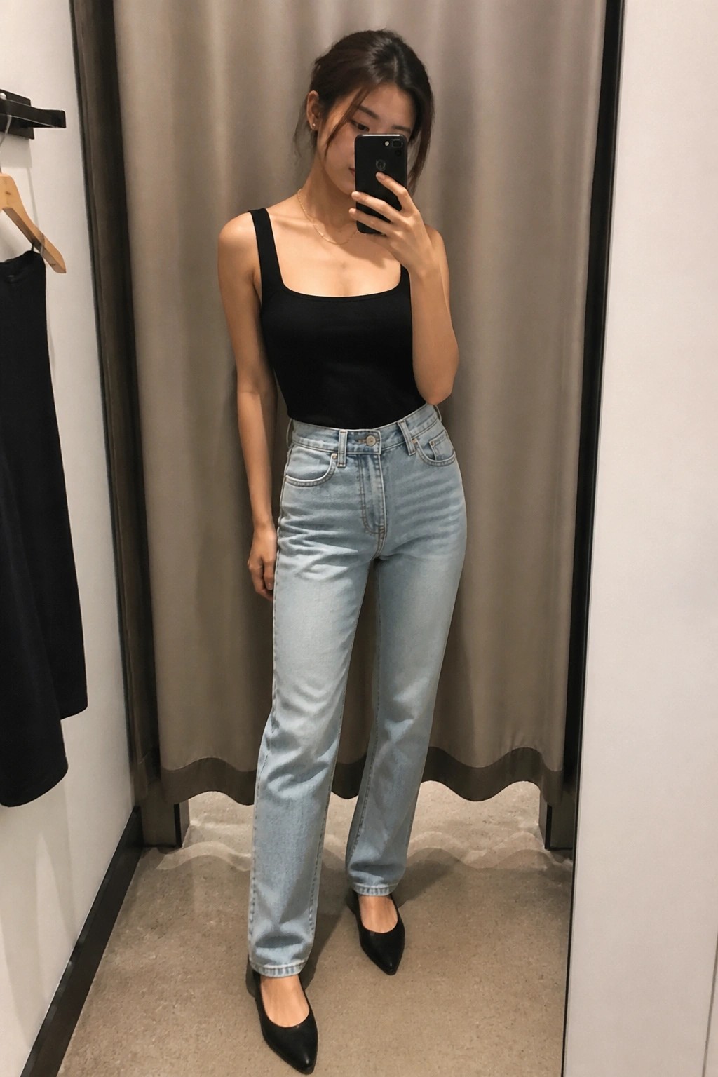 Woman in black tank top and light blue jeans taking mirror selfie in fitting room.