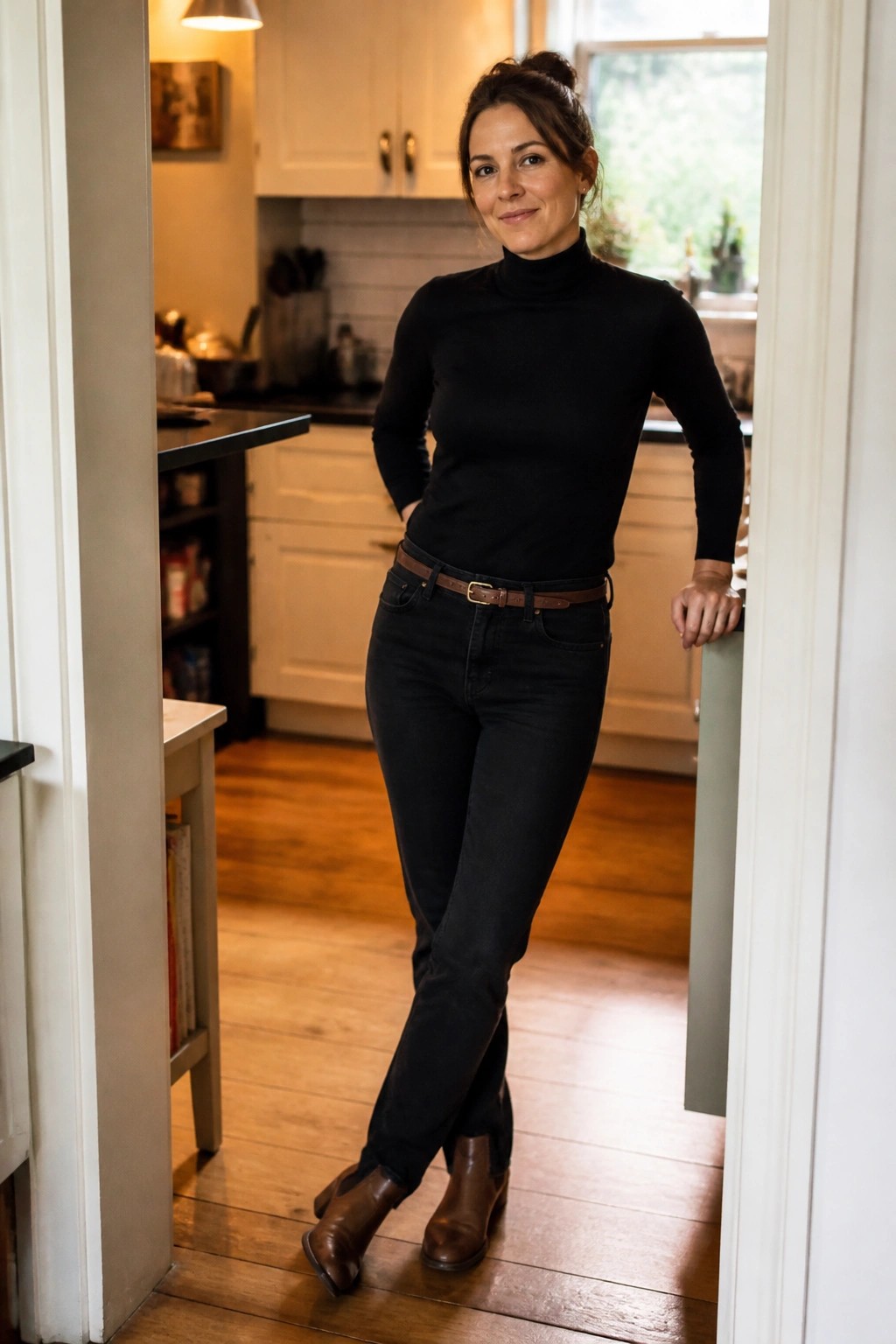 Woman in black turtleneck and jeans standing in kitchen doorway