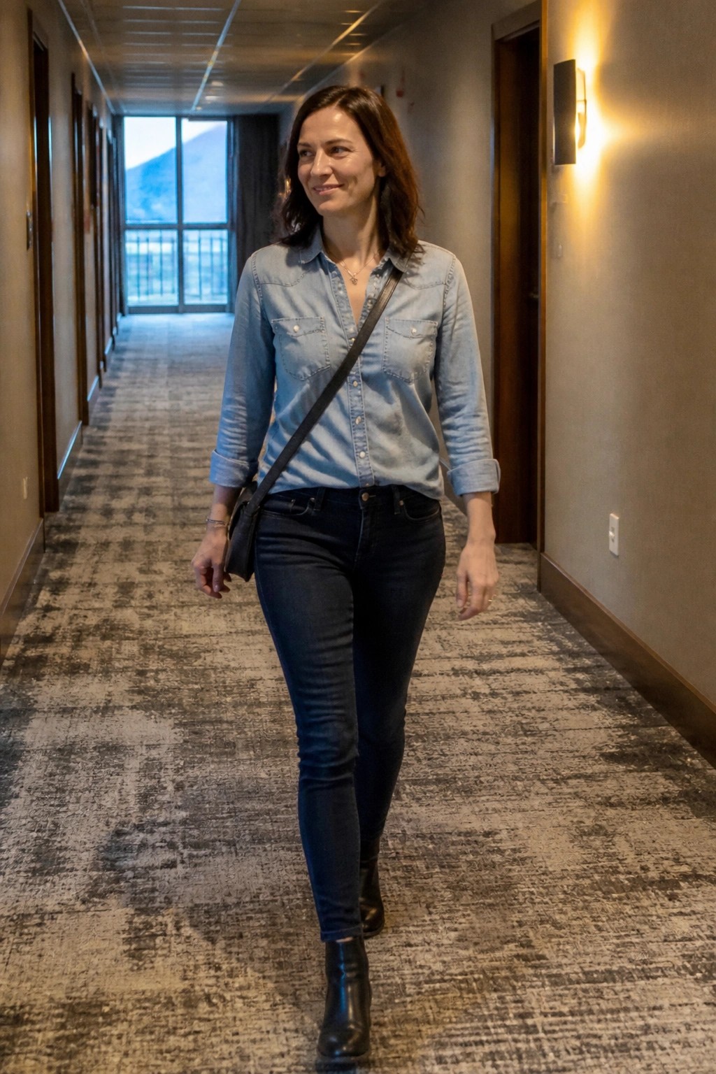 Woman in denim shirt and jeans walking through patterned hotel hallway