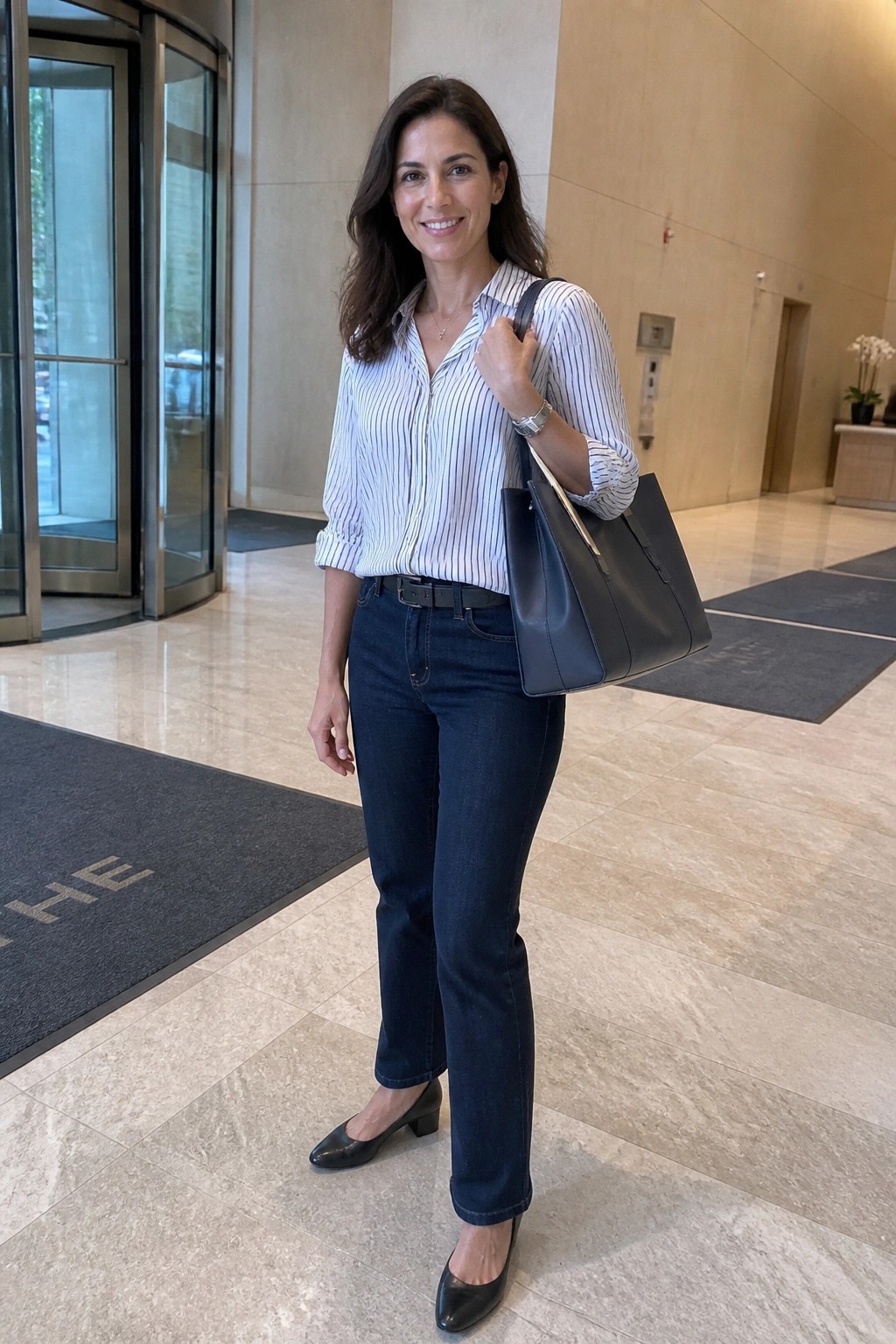 Woman wearing a white and blue vertically striped button down shirt tucked into dark blue straight leg jeans with a black belt, carrying a black leather tote bag and wearing black low heel pointed shoes.