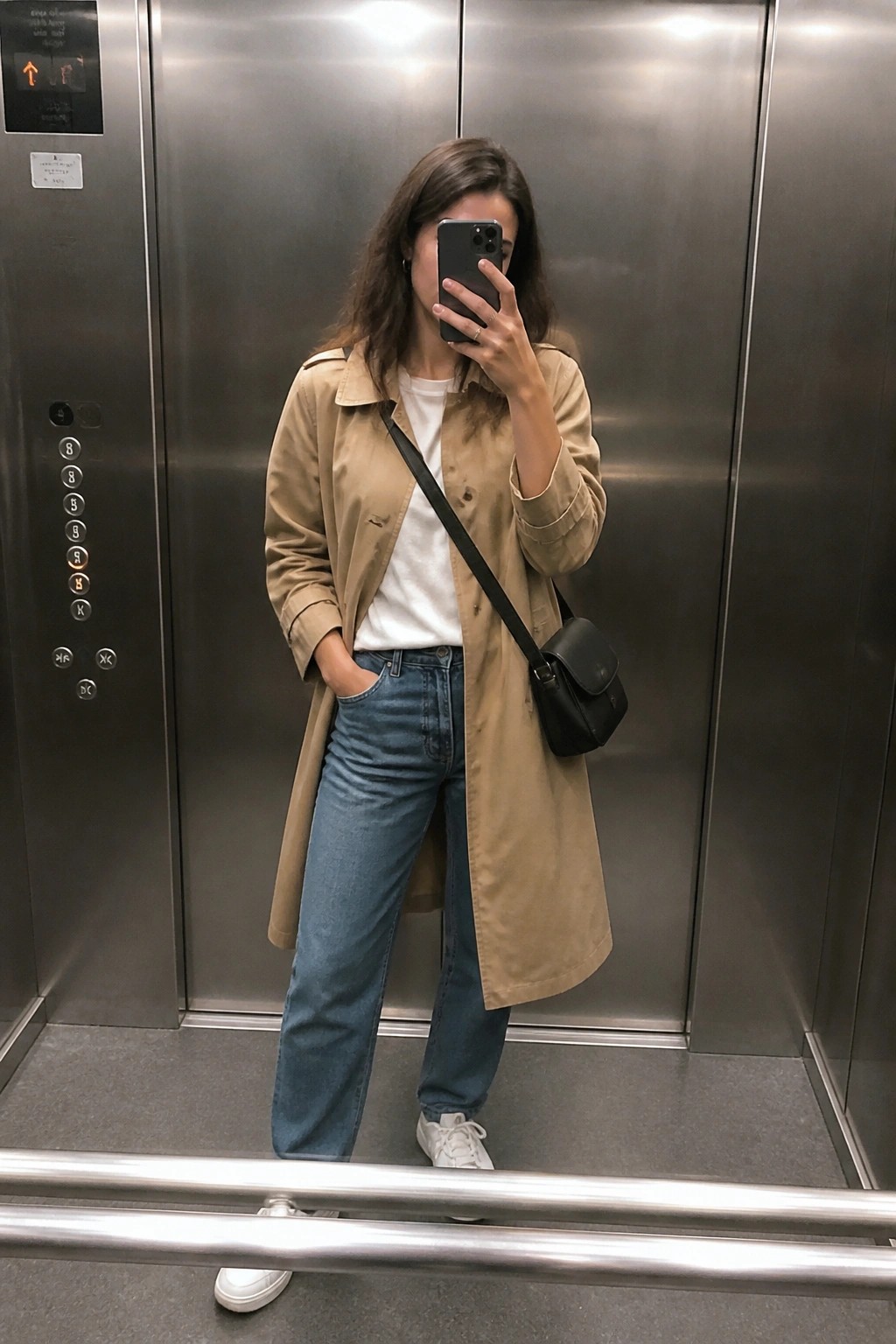 Woman in beige trench coat taking mirror selfie inside elevator with black bag
