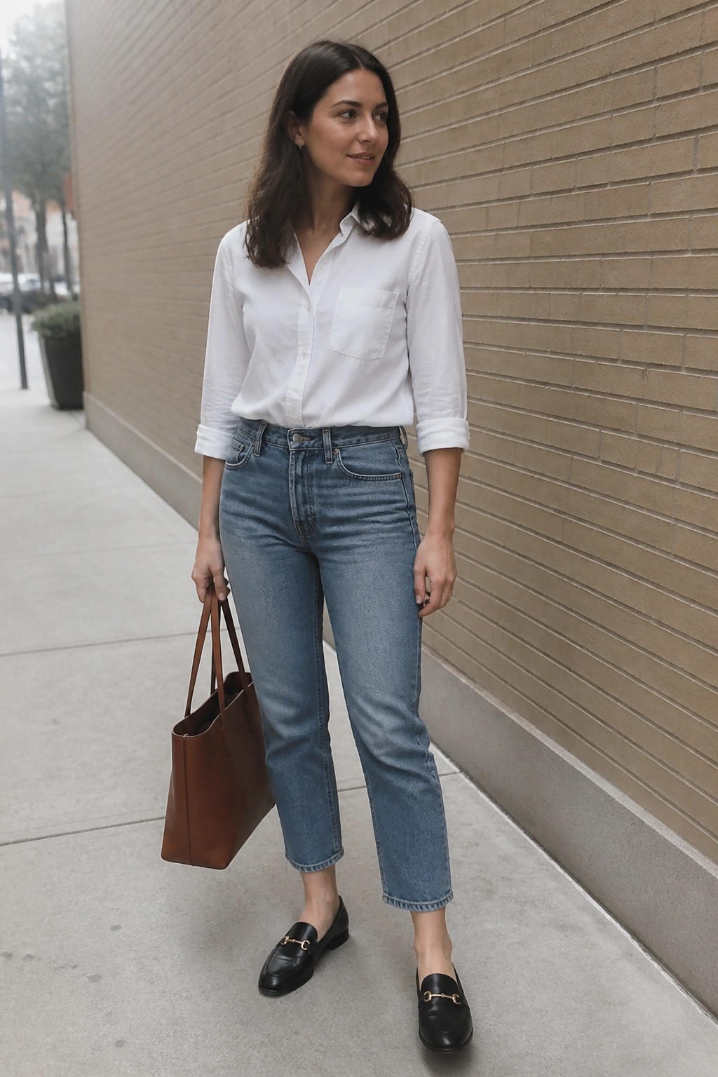 Woman wearing a white button down shirt tucked into light blue cropped straight leg jeans with black loafers and carrying a brown leather tote bag.