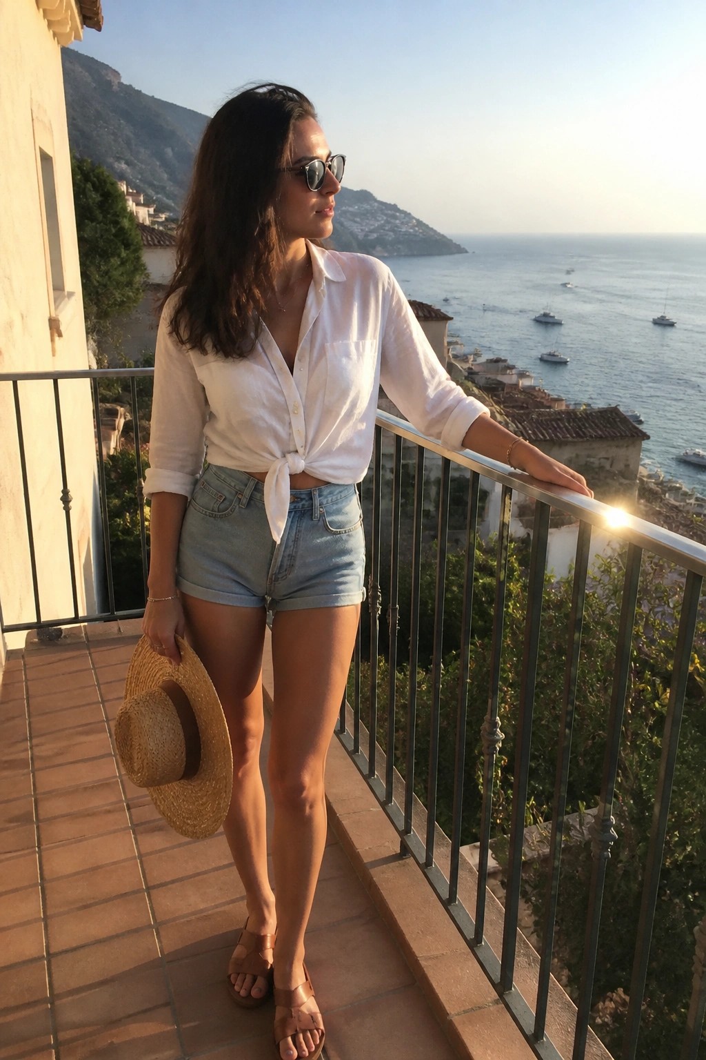 Woman in white shirt and denim shorts holding straw hat on sunny seaside balcony