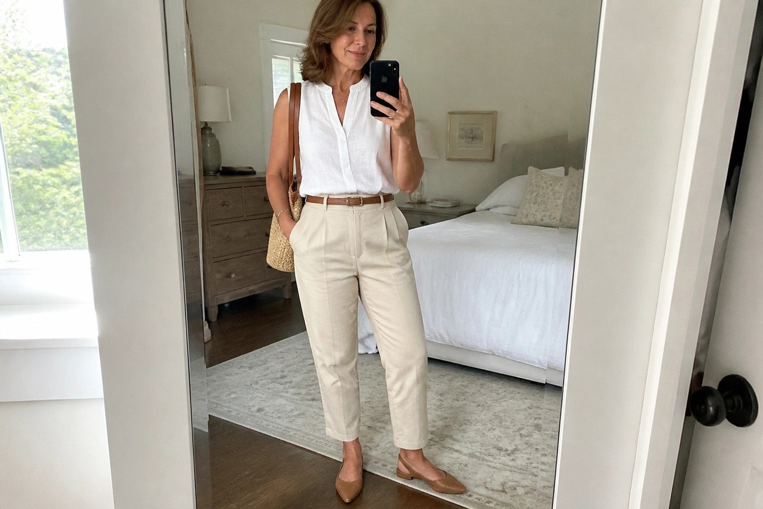 Woman over 50 in a white sleeveless linen shirt tucked into beige trousers with a brown belt and pointed flats while holding a phone and woven straw bag.