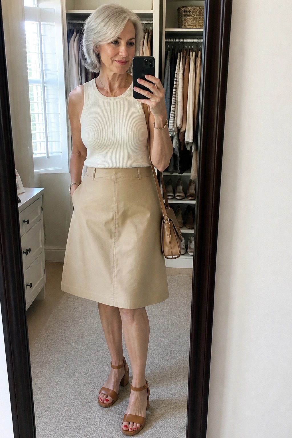 Woman with gray hair in white top and beige skirt taking closet mirror selfie