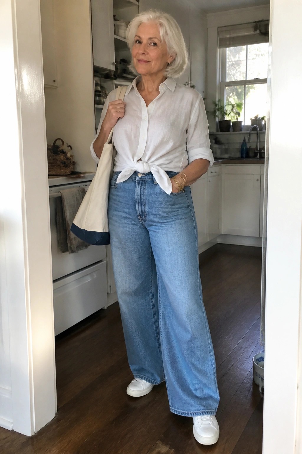 White-haired woman in tied white shirt and wide-leg jeans holding tote bag in kitchen.