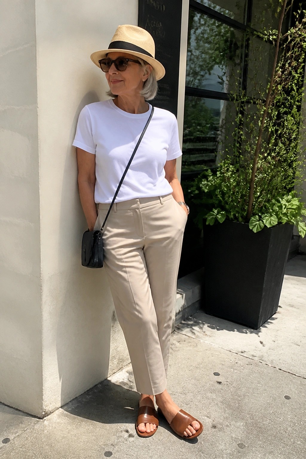 Woman in straw hat, white tee, beige pants, and brown slides leaning outdoors