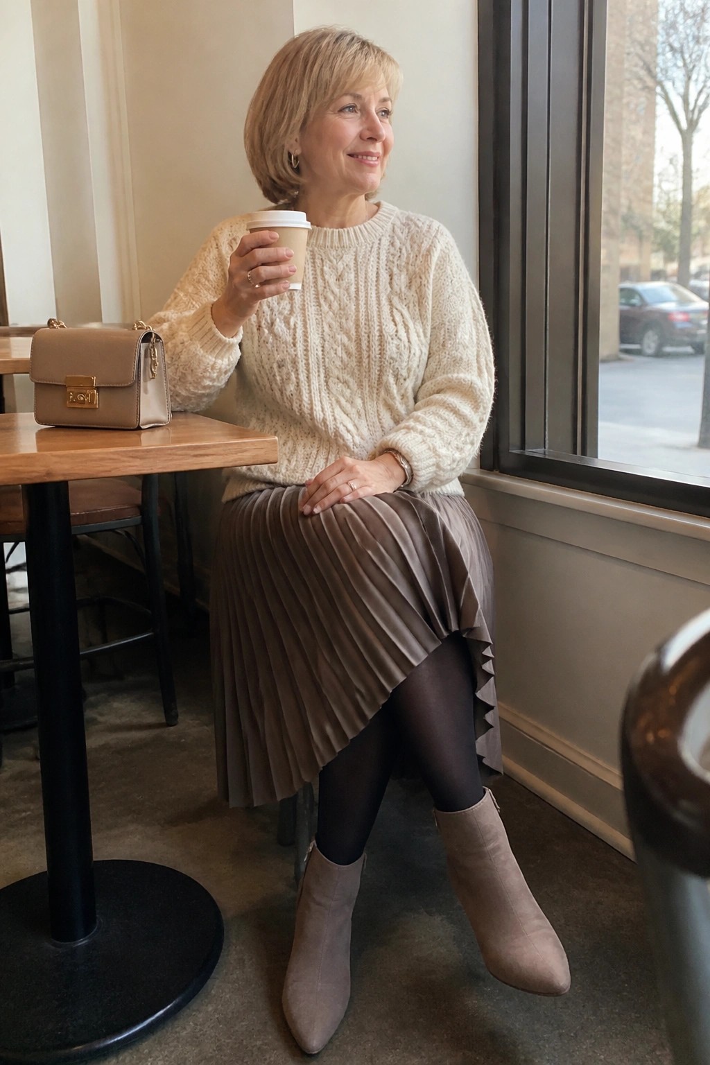 Woman in cream cable-knit sweater and taupe pleated skirt holding coffee in cafe