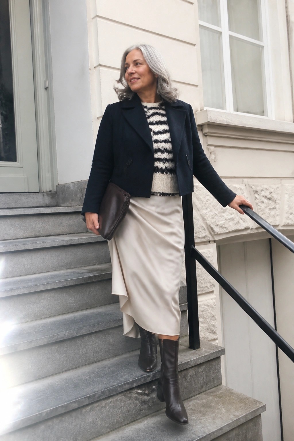 Woman over 60 in navy cropped jacket over black and white patterned knit sweater with beige asymmetric midi skirt and brown leather boots holding a matching clutch on stone steps.
