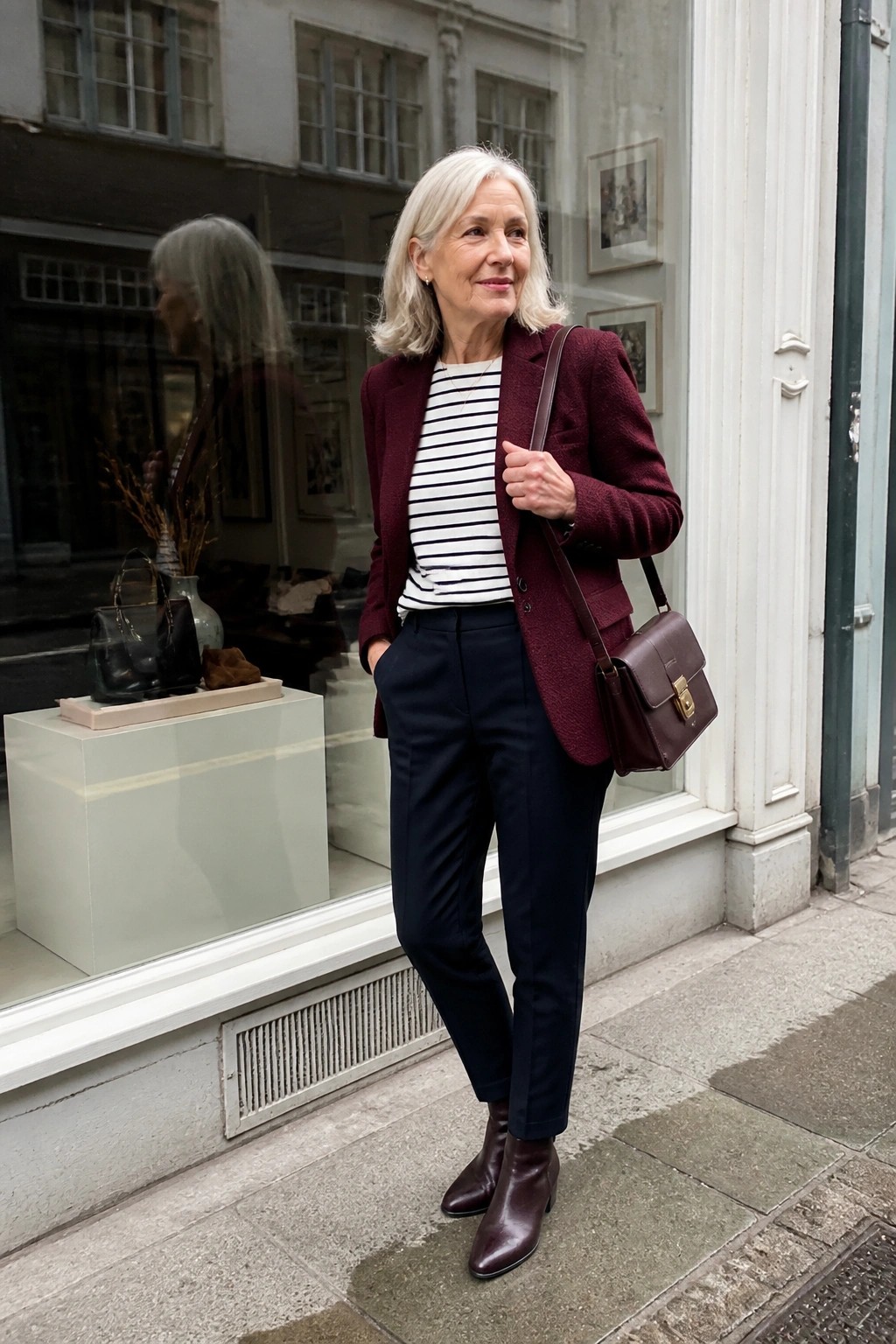 White-haired woman in maroon blazer and striped top with brown bag on sidewalk.
