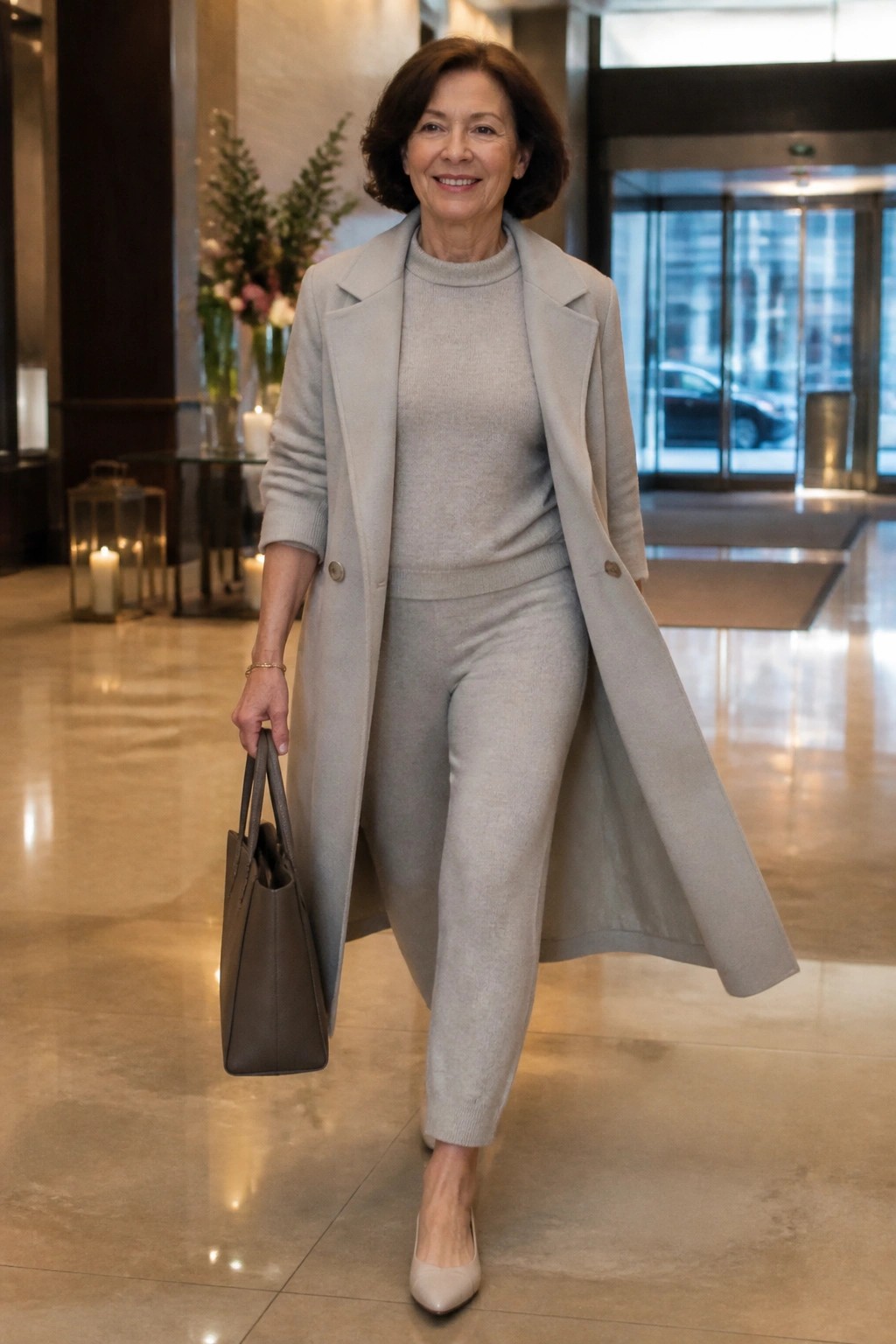Woman in light gray coat and pants holding brown handbag in modern lobby.