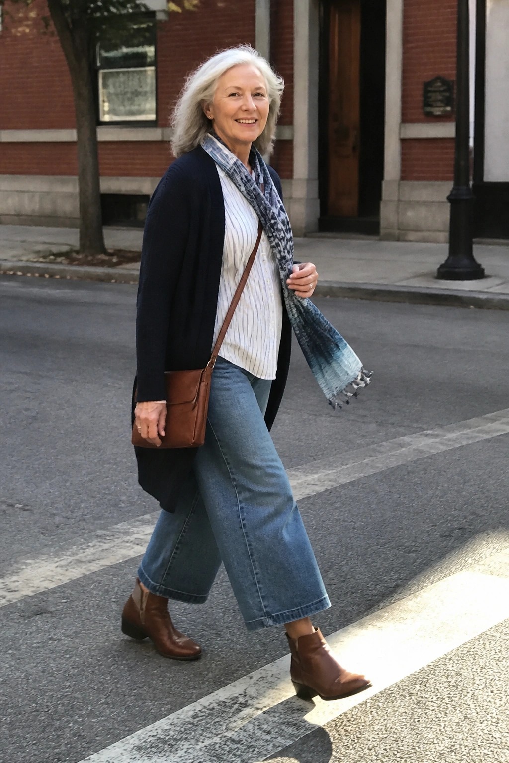 Stylish older woman in navy cardigan, striped shirt, and wide jeans crossing sunny street.