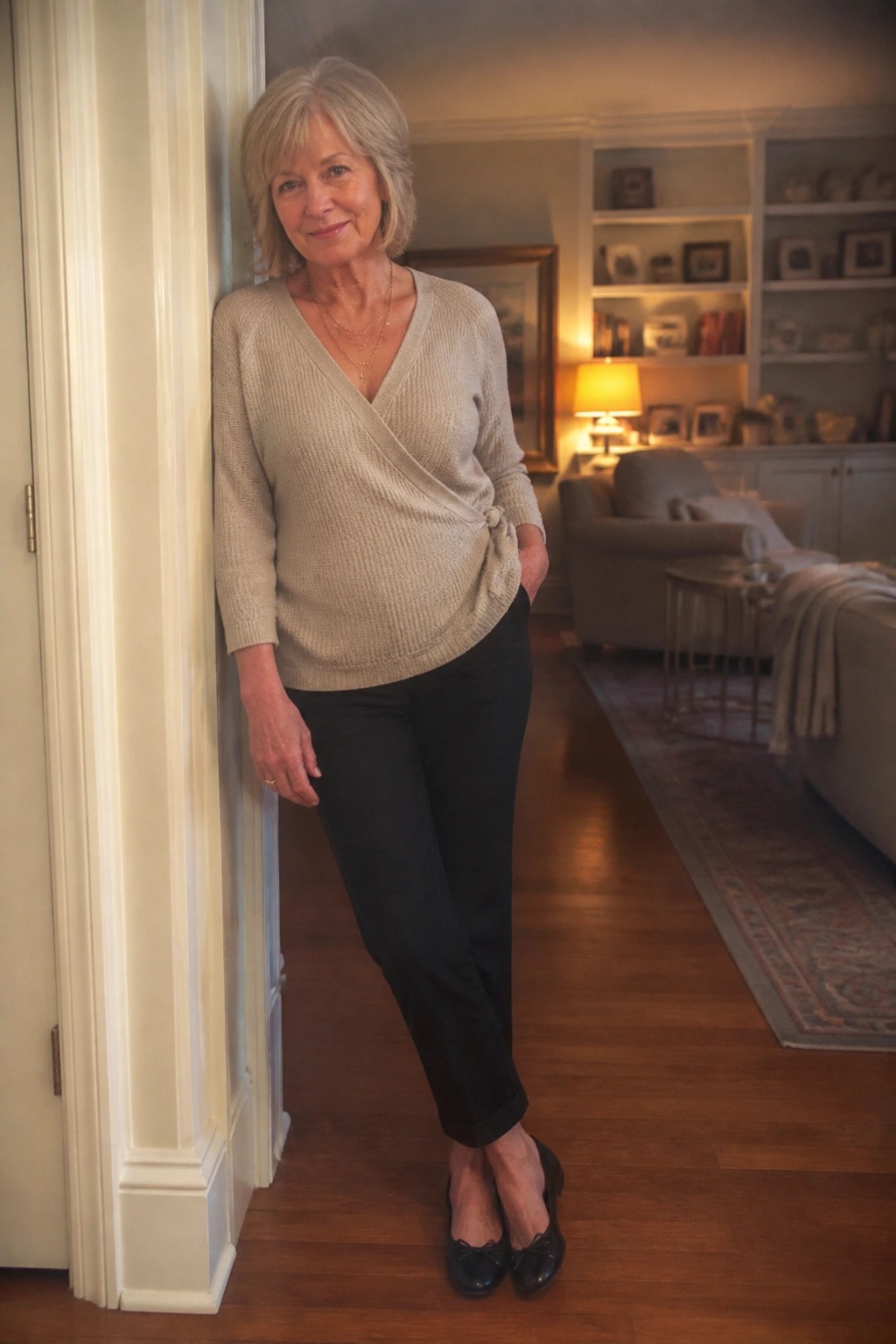 Silver-haired woman in beige wrap sweater and black pants leaning in doorway.