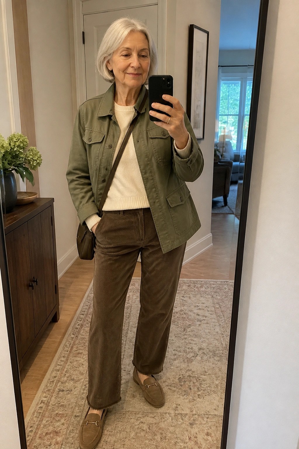 Woman over 60 wearing an olive green utility jacket over a cream sweater with brown corduroy pants and suede loafers while taking a mirror selfie.