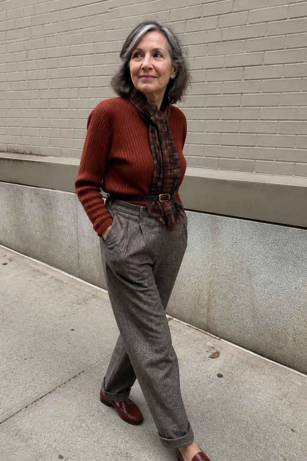 Woman over 60 wearing a rust ribbed sweater layered with a plaid scarf secured by a black belt, gray tweed pants cuffed at the ankles, and brown leather loafers.
