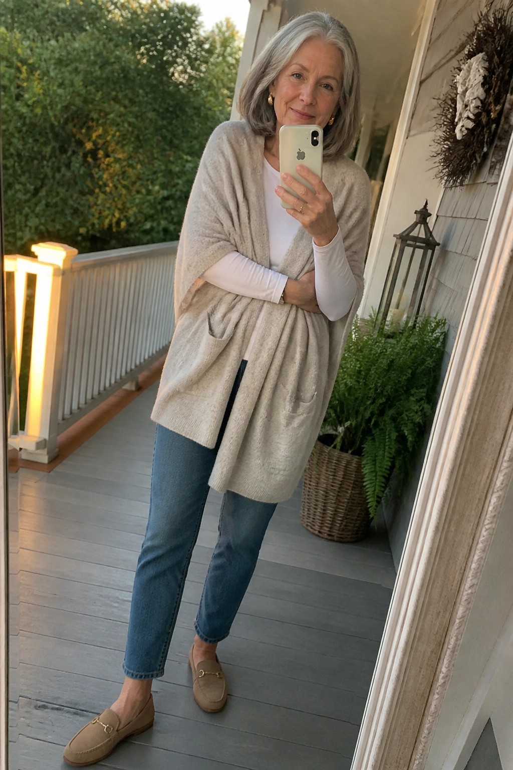 Woman over 60 wearing a beige open knit cardigan layered over a white long sleeve top with blue straight leg jeans and beige suede loafers while taking a mirror selfie.
