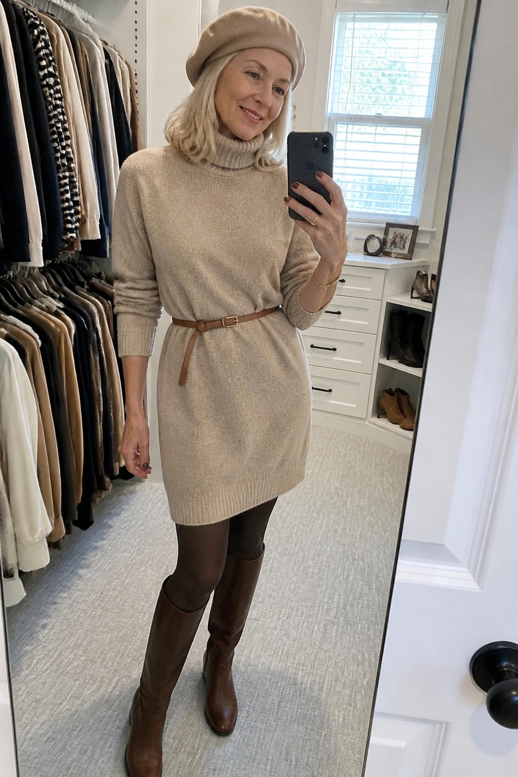 Woman in beige turtleneck sweater dress, beret, and brown boots in closet mirror selfie