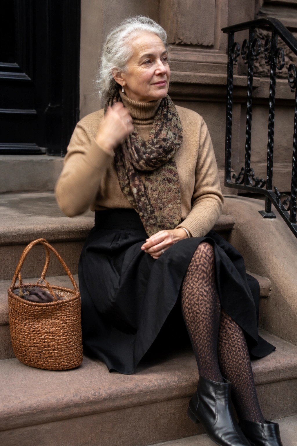Elderly woman in tan sweater and scarf sits on stone steps beside wicker basket