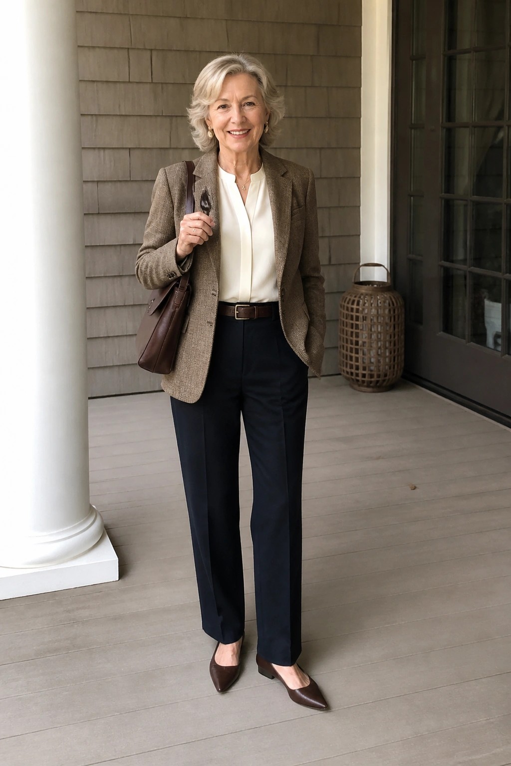 Smiling woman in brown tweed blazer, white blouse, and navy pants on porch