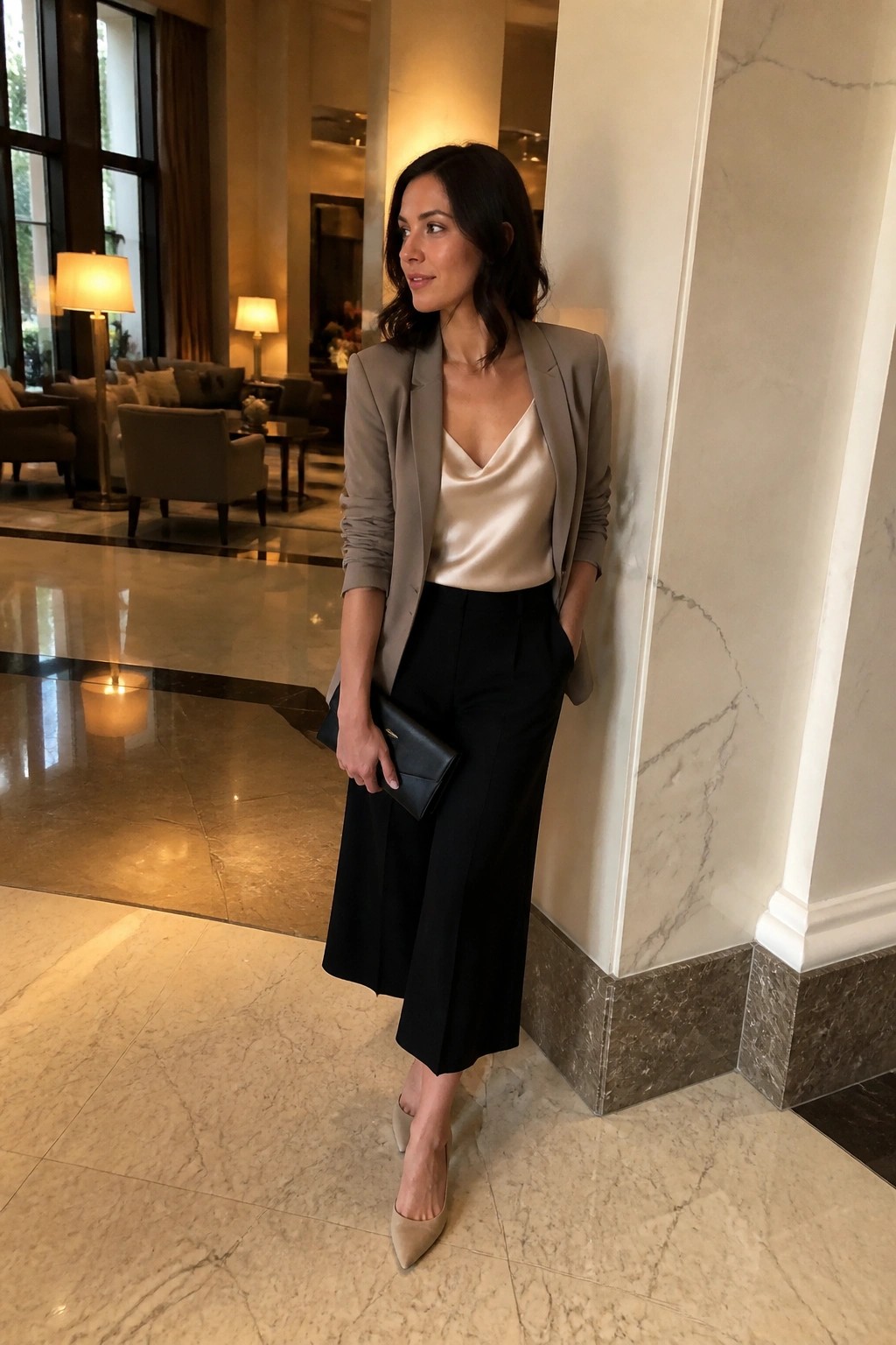 Woman in taupe blazer and satin top holding clutch in marble lobby