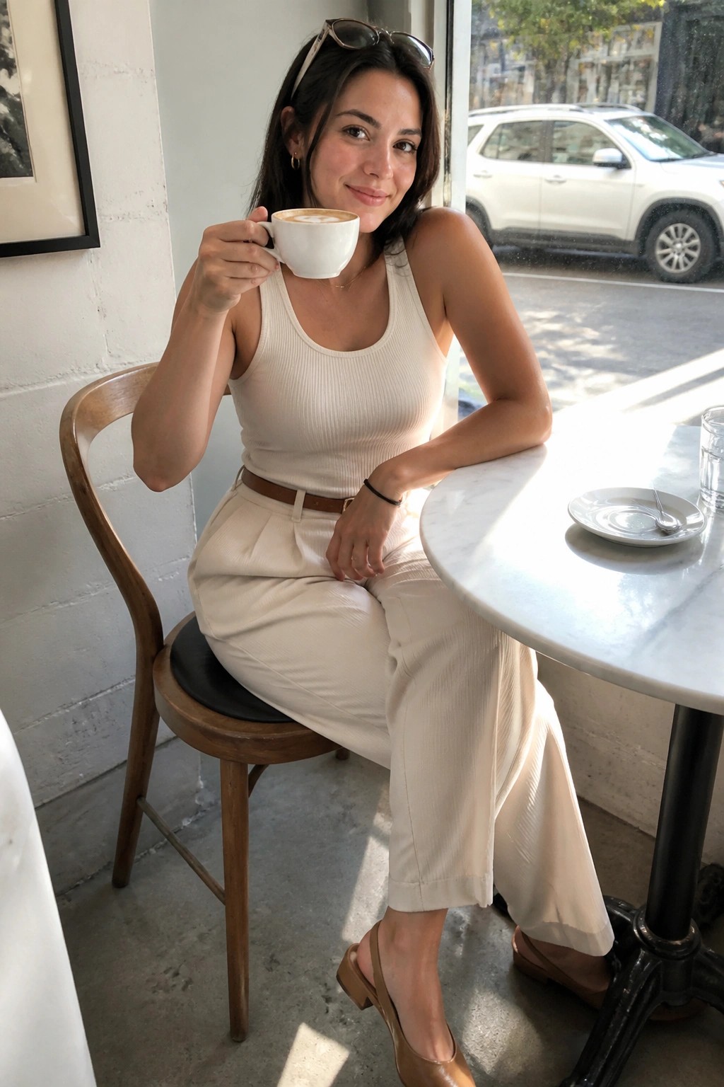 Smiling woman in beige tank top and pants holding coffee at marble cafe table