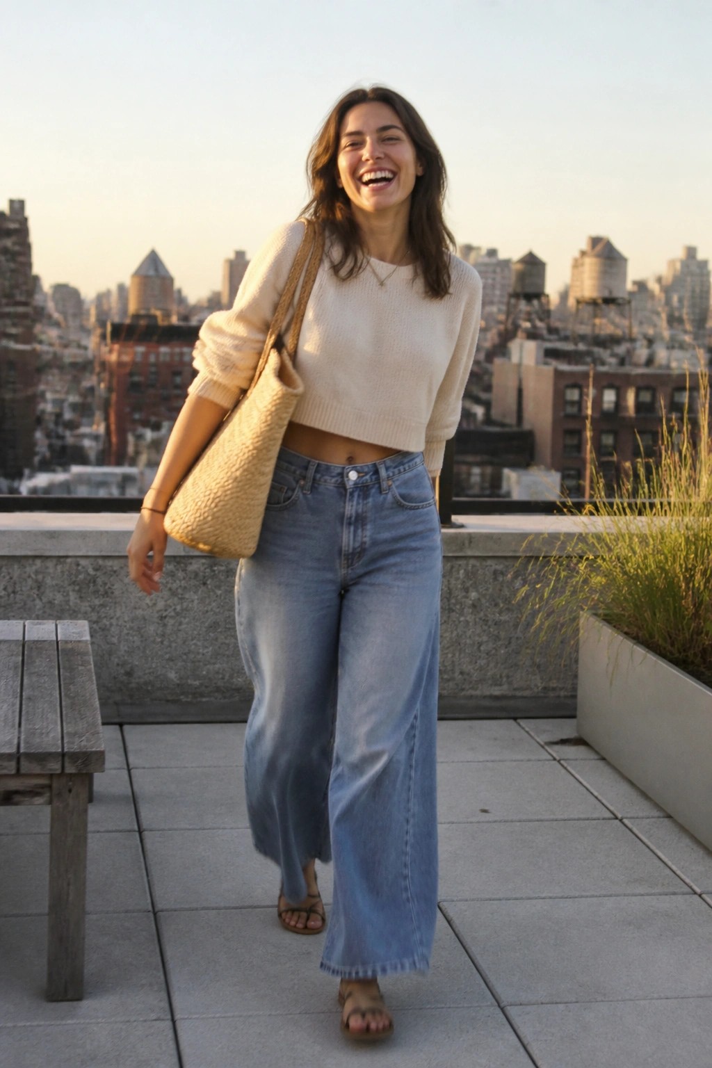 Woman wearing a cream cropped knit sweater tucked slightly into light blue wide leg jeans with brown sandals and a woven beige tote bag slung over one shoulder.