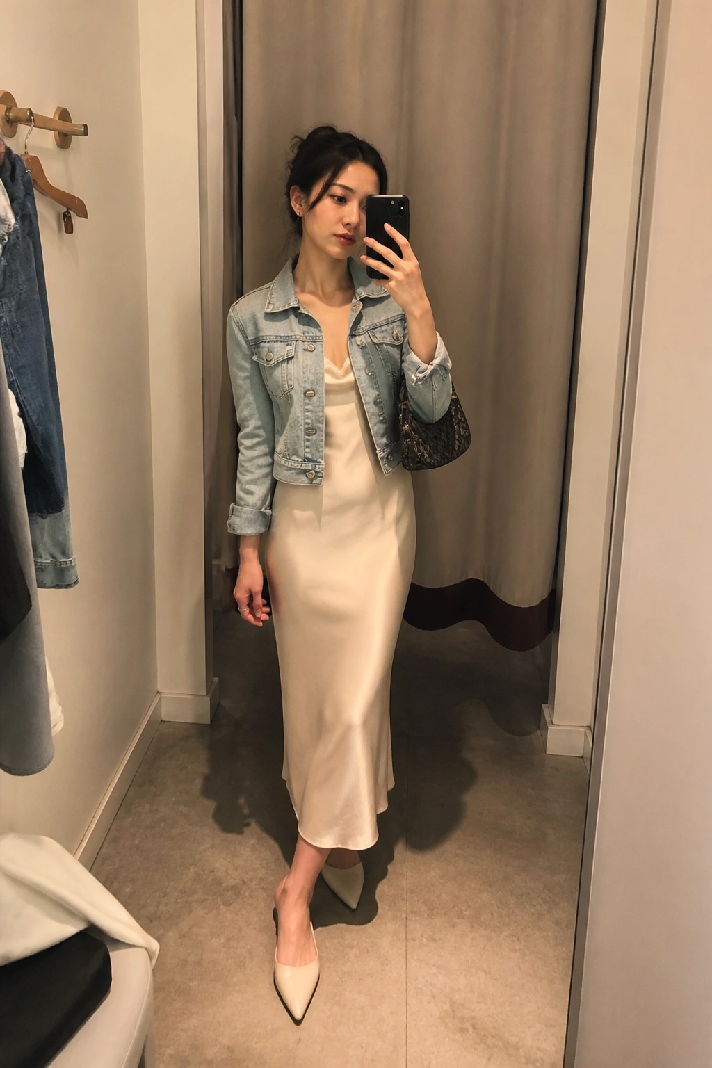 Woman in beige satin dress and denim jacket taking mirror selfie in fitting room