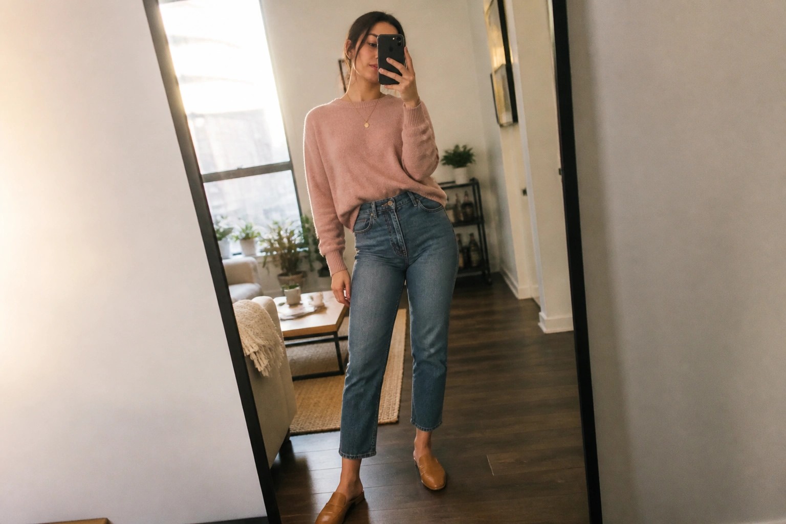 Woman taking mirror selfie in pink sweater, blue jeans, and brown shoes