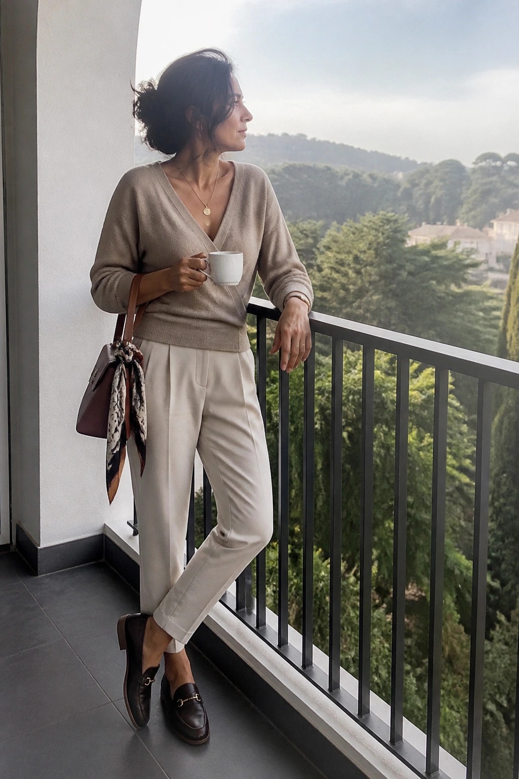 Woman in beige sweater and cream pants with coffee on scenic balcony railing