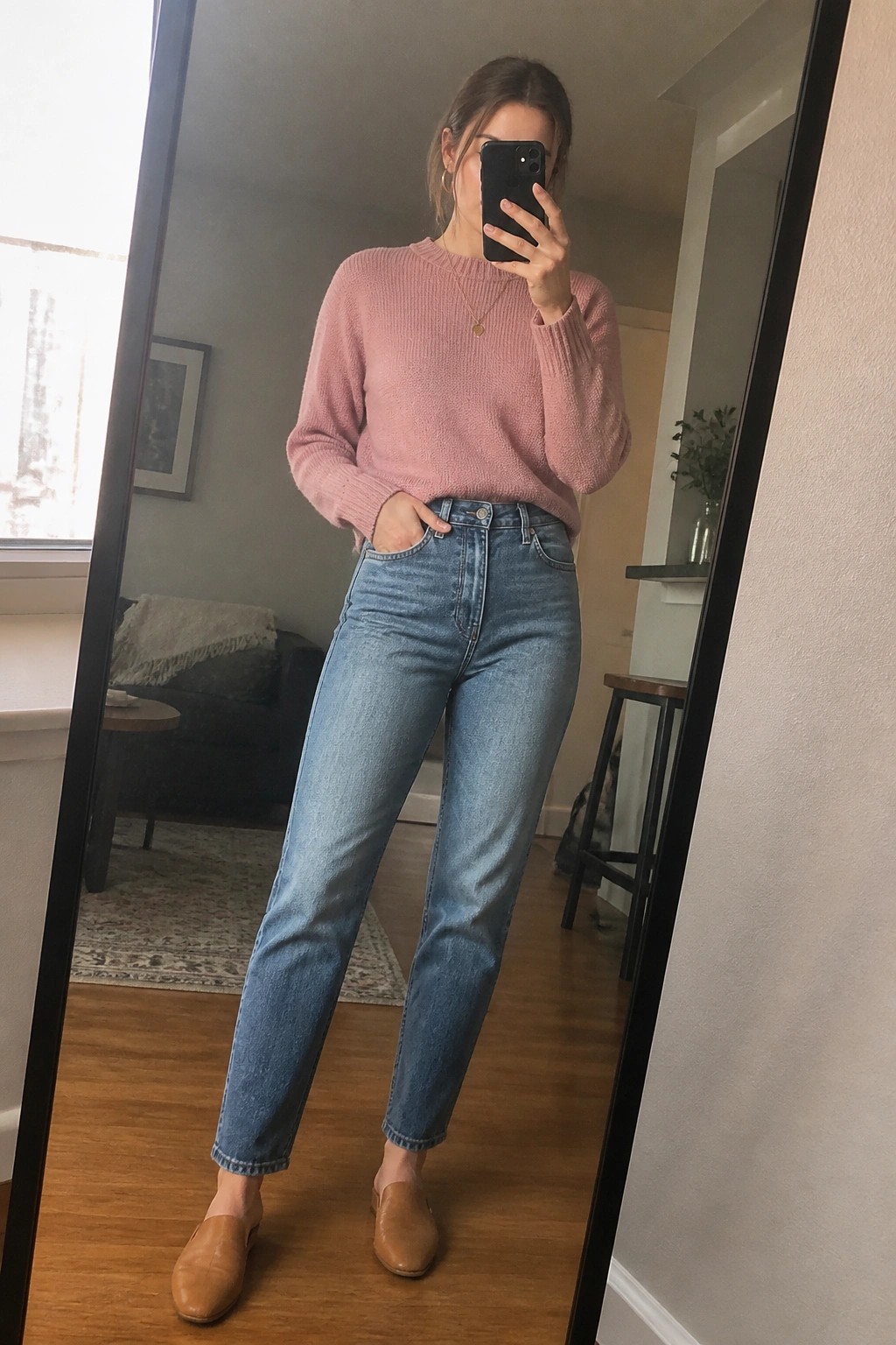 Woman taking mirror selfie in pink sweater, blue jeans, and brown shoes