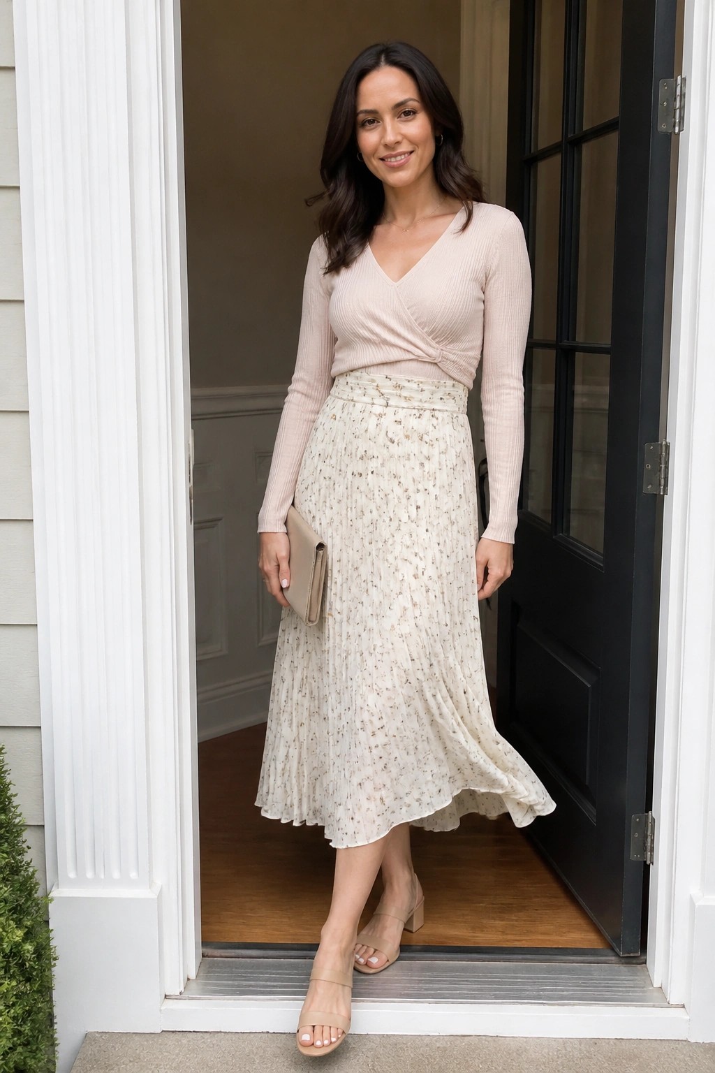 Woman in pink wrap top and floral pleated skirt smiling in doorway