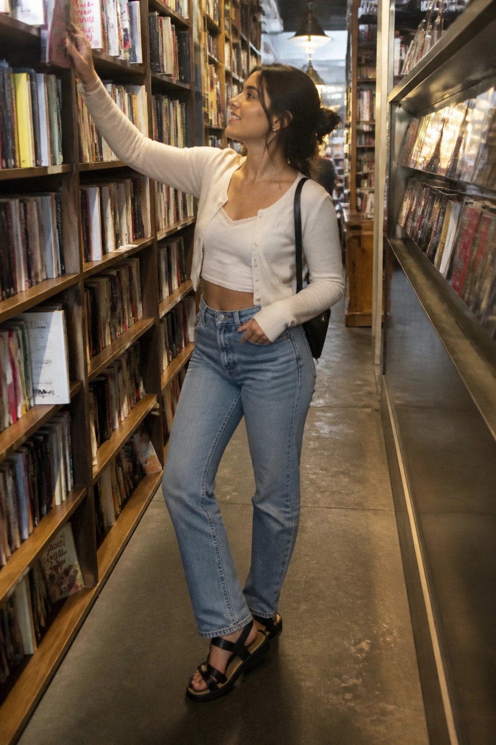 Woman in a bookstore aisle wearing light blue high-waisted jeans, a white button-front cardigan over a white lace-trim crop top, black strappy sandals, and a black crossbody bag while reaching for a book on a wooden shelf.