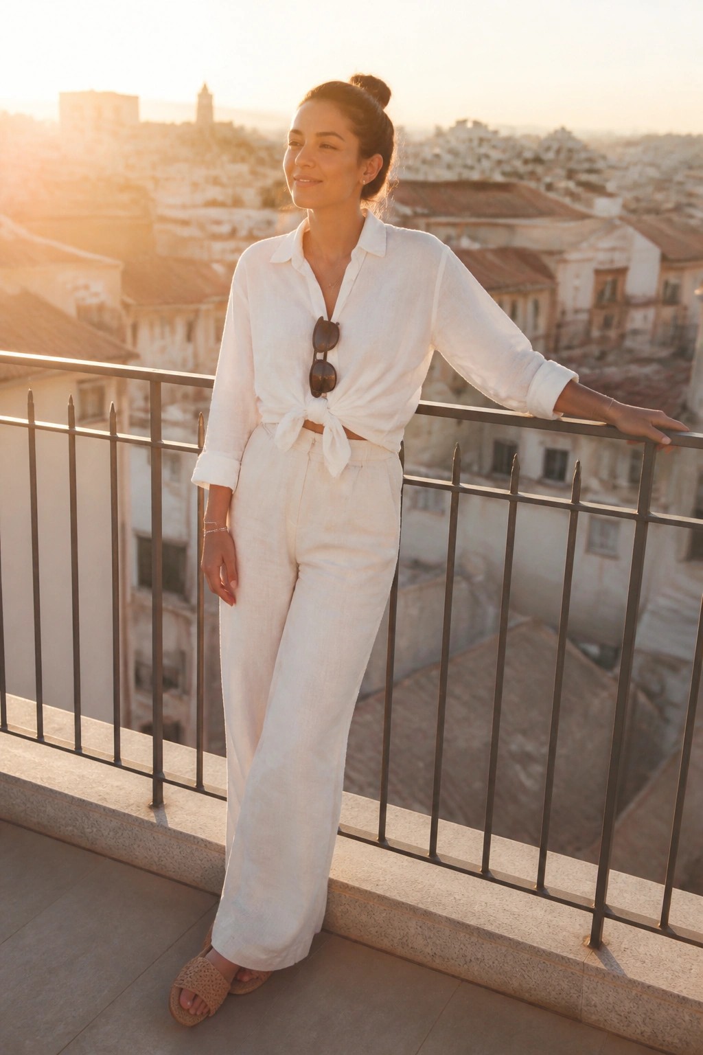 Woman in white linen shirt and pants leaning on balcony overlooking sunlit city at sunset