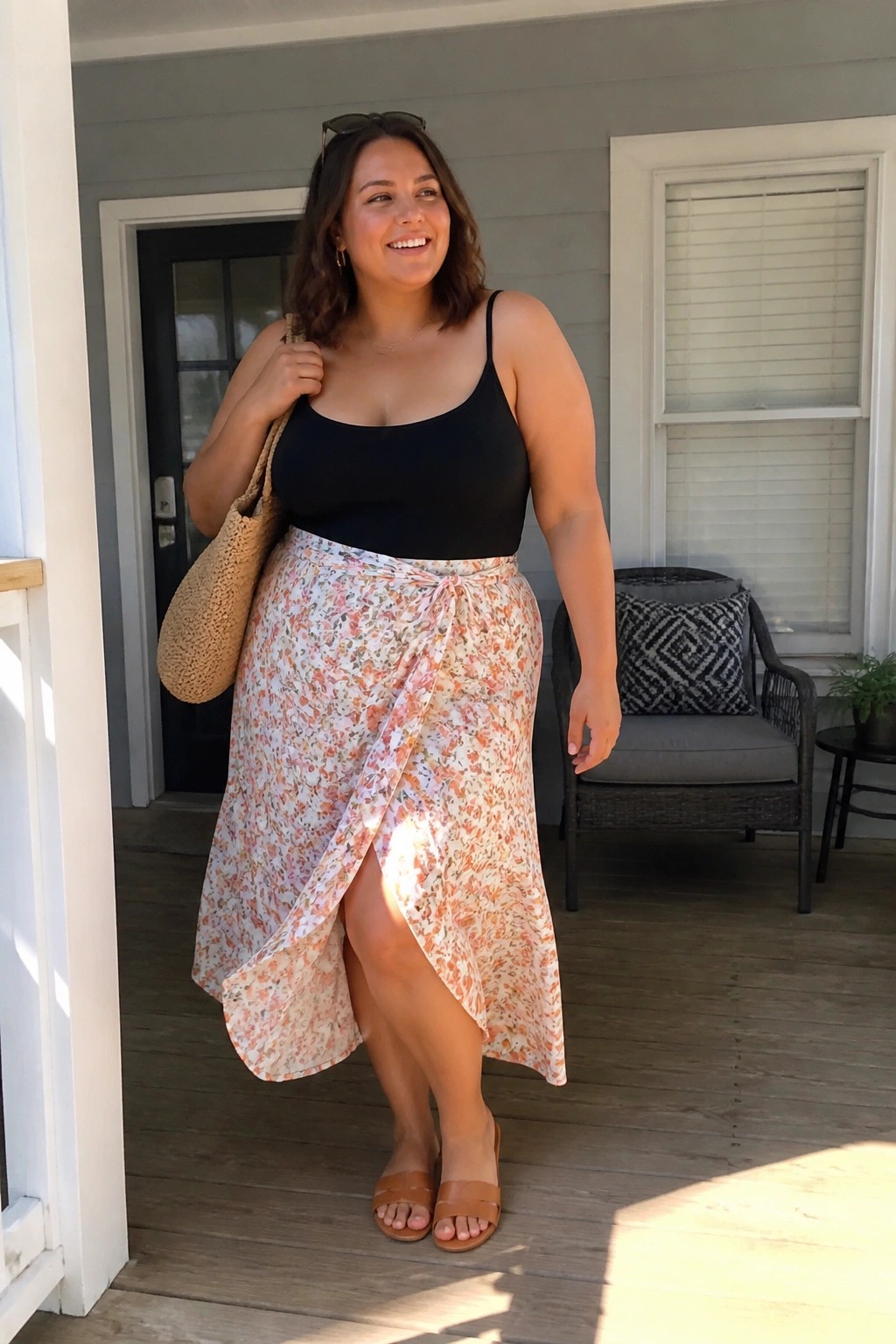 Woman in black tank top and floral wrap skirt with brown slides and straw bag standing on a porch