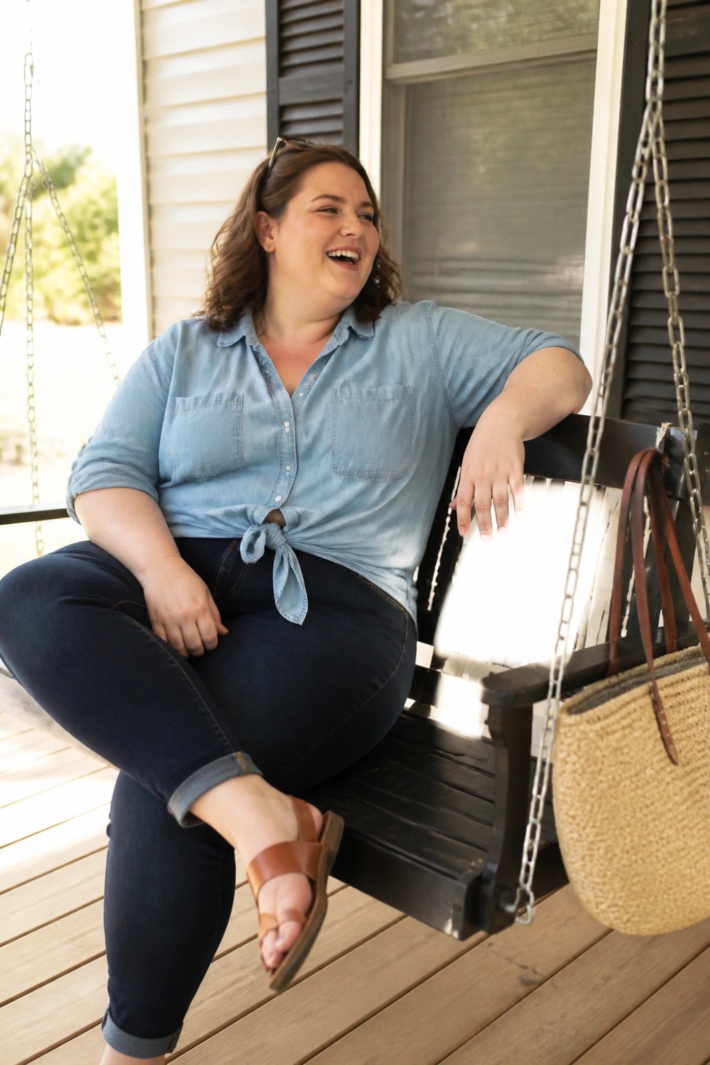 Plus size woman wearing light blue tied denim shirt over dark jeans with brown slide sandals.