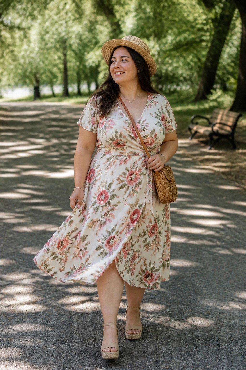 Woman in floral wrap dress and straw hat walking in sunny park