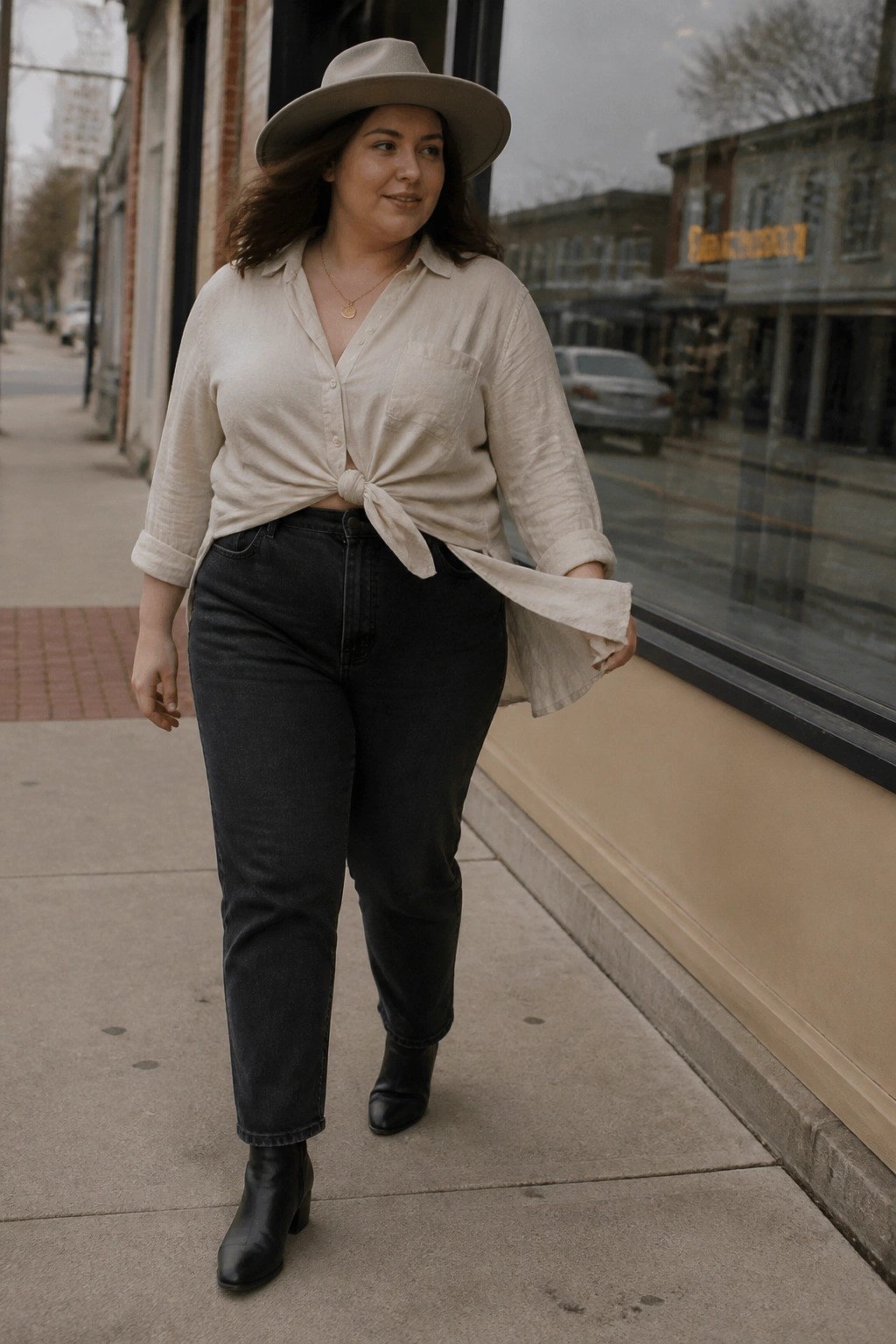 Plus-size woman in knotted beige shirt, black jeans, and hat walks on sidewalk
