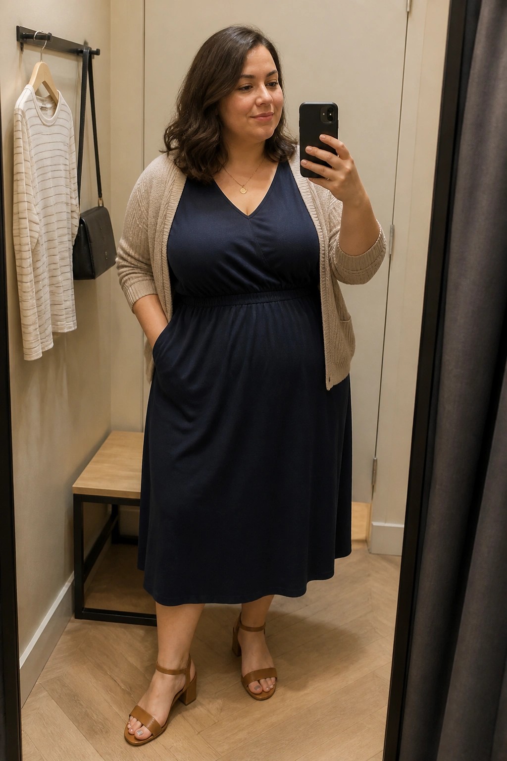 Woman in navy dress and beige cardigan taking mirror selfie in fitting room.