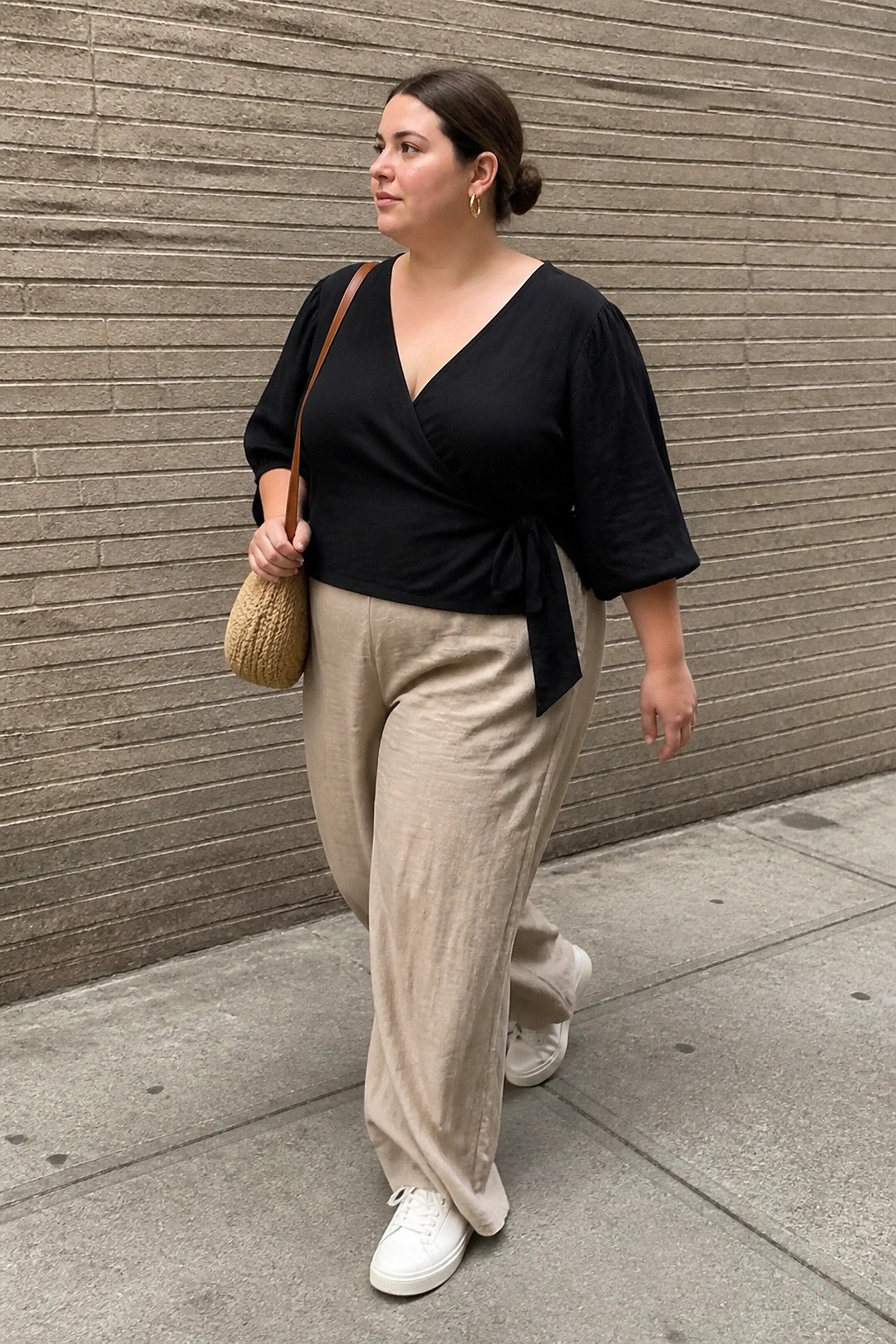 Woman in black wrap top and beige wide pants on urban sidewalk