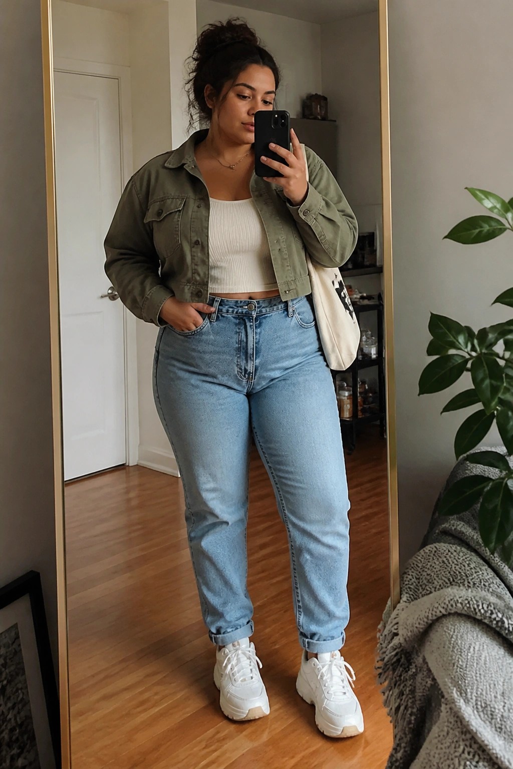 Woman in green jacket and blue jeans taking mirror selfie with phone