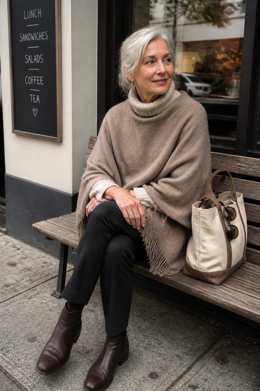 Gray-haired woman in beige poncho on bench with tote bag outside cafe