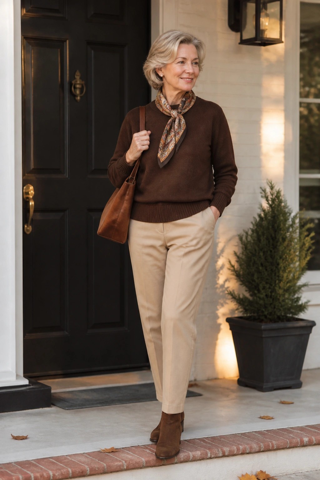 Gray-haired woman in brown sweater, patterned scarf, and beige pants on porch.