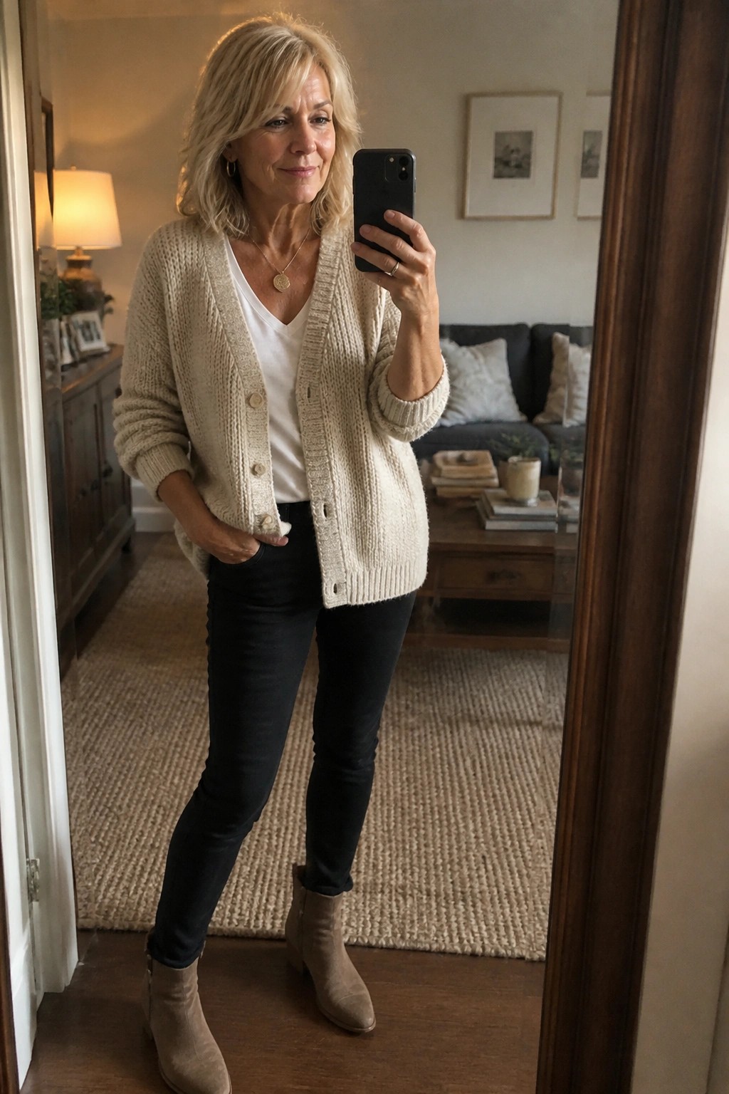 Blonde woman in beige cardigan taking mirror selfie with black phone in living room