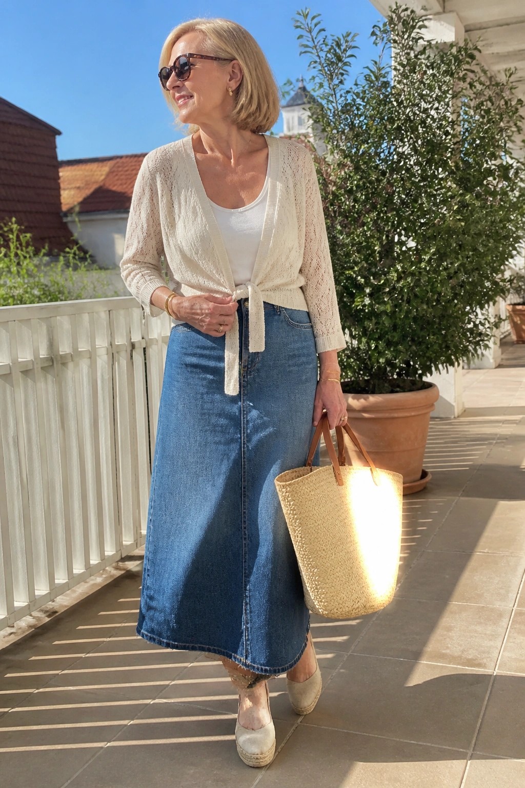 Woman over 60 in cream open knit cardigan tied at waist over white tank top, blue midi denim skirt, beige espadrille wedges, holding straw tote bag with gold jewelry and sunglasses.
