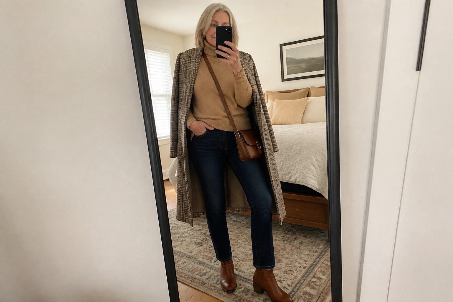 Silver-haired woman in plaid coat and tan turtleneck taking bedroom mirror selfie