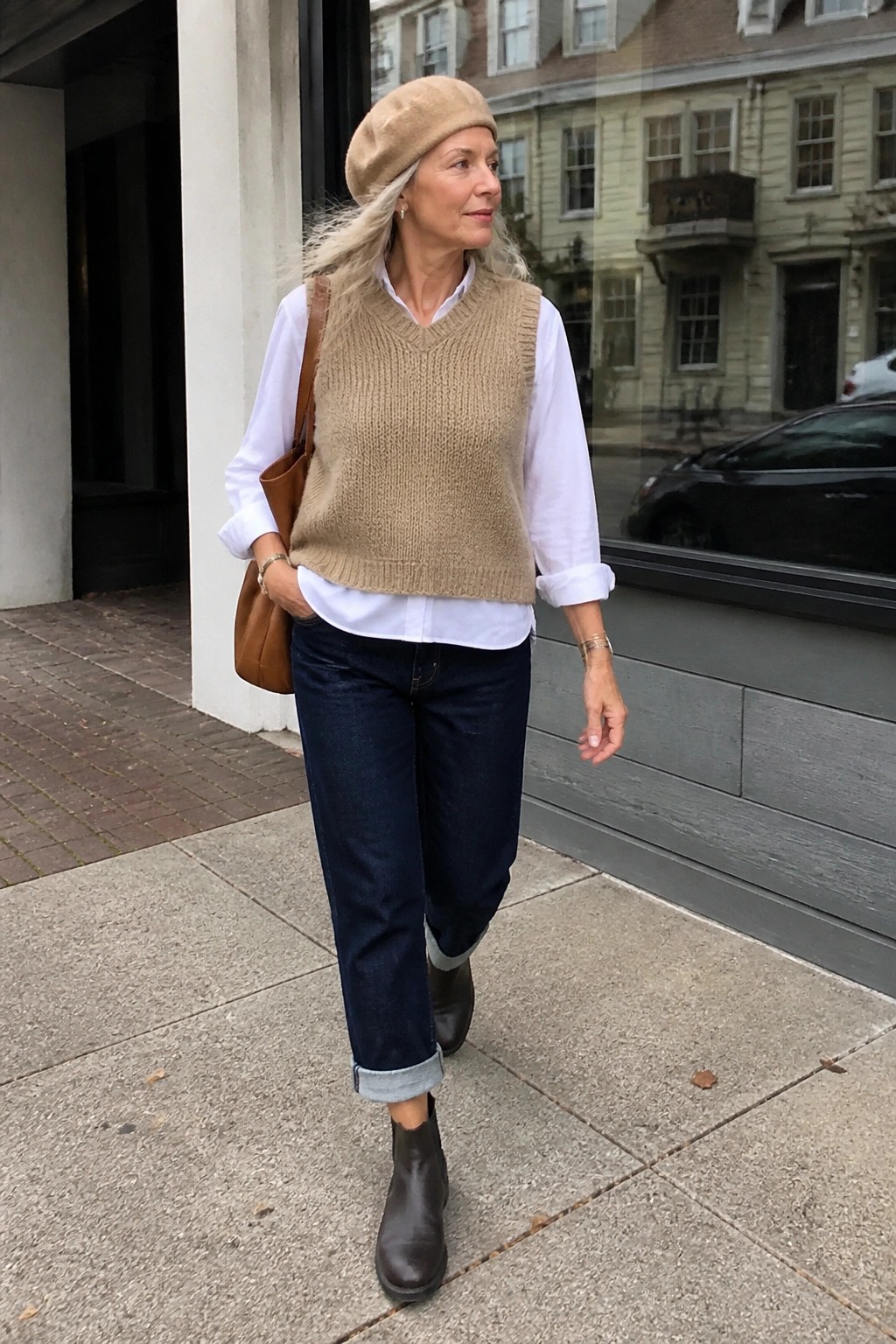 Gray-haired woman in beige beret, knit vest over white shirt, and rolled jeans on sidewalk