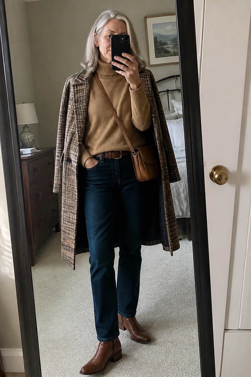 Silver-haired woman in plaid coat and tan turtleneck taking bedroom mirror selfie